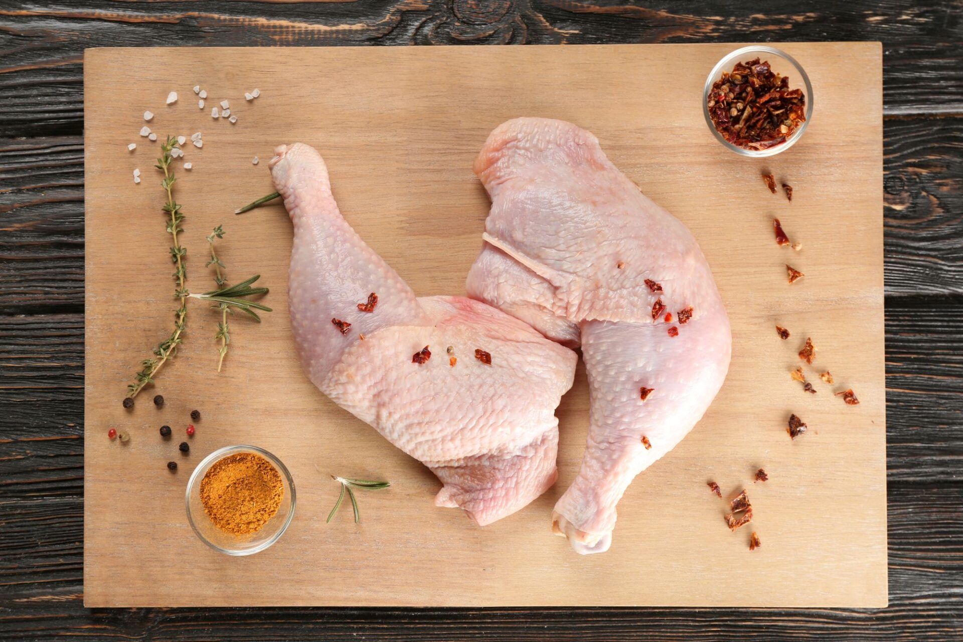2 cuisses de coq sur planche avec épices